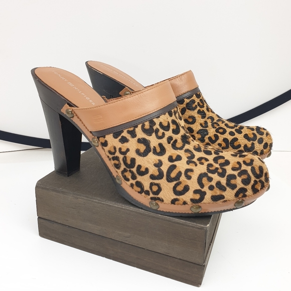 Tommy Hilfiger mules leopard pony hair wooden high heels size 8 - Picture 4 of 16
